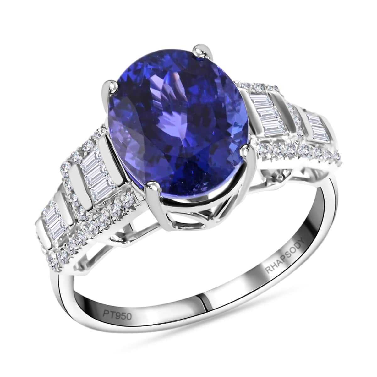 Certified and Appraised RHAPSODY 950 Platinum AAAA Tanzanite and E-F VS Diamond Ring 7.20 Grams 6.10 ctw image number 0