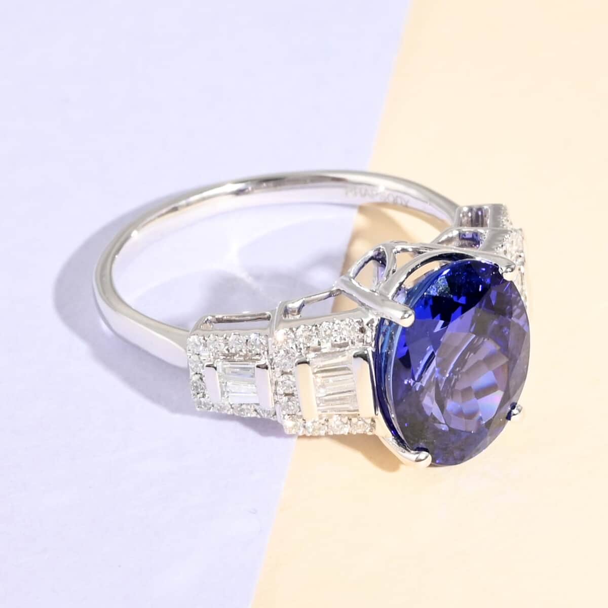 Certified and Appraised RHAPSODY 950 Platinum AAAA Tanzanite and E-F VS Diamond Ring 7.20 Grams 6.10 ctw image number 1