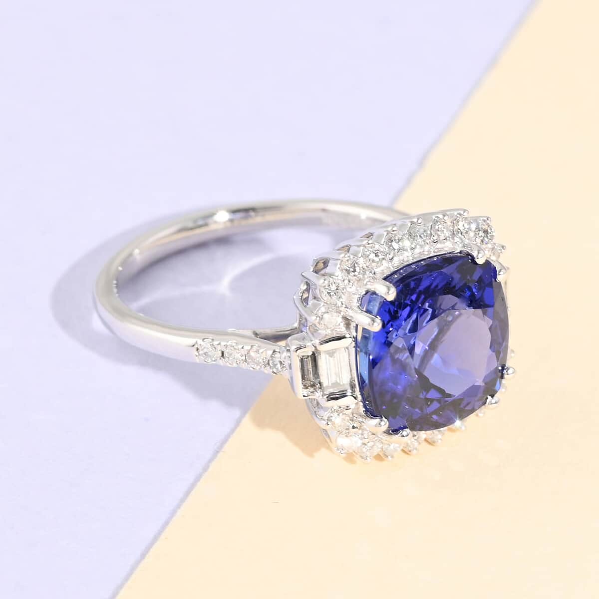 Certified and Appraised Rhapsody 950 Platinum AAAA Tanzanite and E-F VS Diamond Ring (Size 8.0) 5.50 Grams 4.80 ctw image number 1