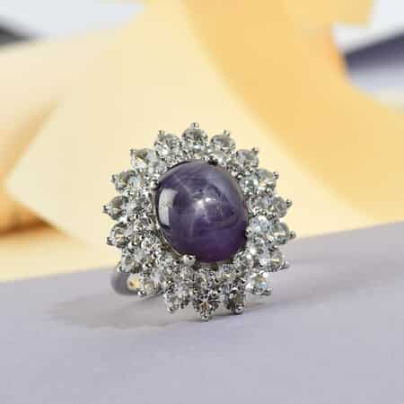 Indian Star Ruby and White Topaz Cocktail Ring in Platinum Over Sterling Silver (Size 10.0) 11.00 ctw image number 1