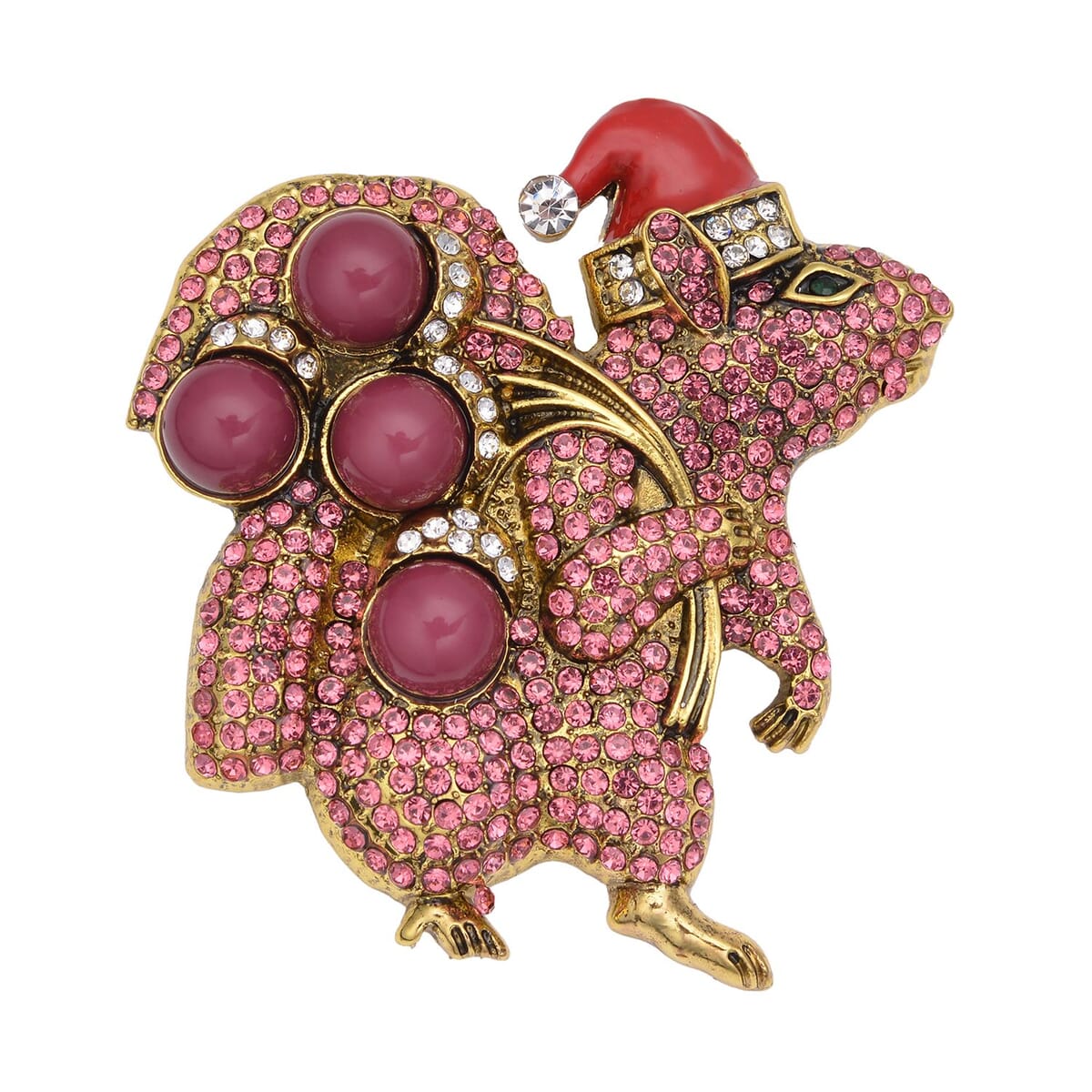 Simulated Pink Color Resin, Multi Color Austrian Crystal, Red Enameled Santa Cap Brooch in Goldtone image number 0