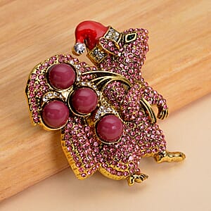 Simulated Pink Color Resin, Multi Color Austrian Crystal, Red Enameled Santa Cap Brooch in Goldtone