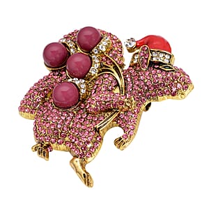 Simulated Pink Color Resin, Multi Color Austrian Crystal, Red Enameled Santa Cap Brooch in Goldtone