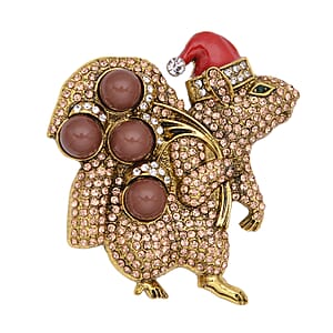 Simulated Brown Color Resin, Multi Color Austrian Crystal, Red Enameled Santa Cap Brooch in Goldtone
