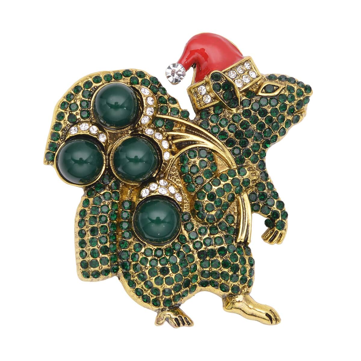 Simulated Green Color Resin, White & Green Austrian Crystal, Red Enameled Santa Cap Brooch in Goldtone image number 0