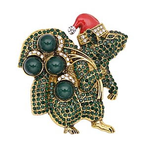 Simulated Green Color Resin, White & Green Austrian Crystal, Red Enameled Santa Cap Brooch in Goldtone