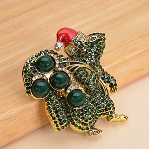 Simulated Green Color Resin, White & Green Austrian Crystal, Red Enameled Santa Cap Brooch in Goldtone
