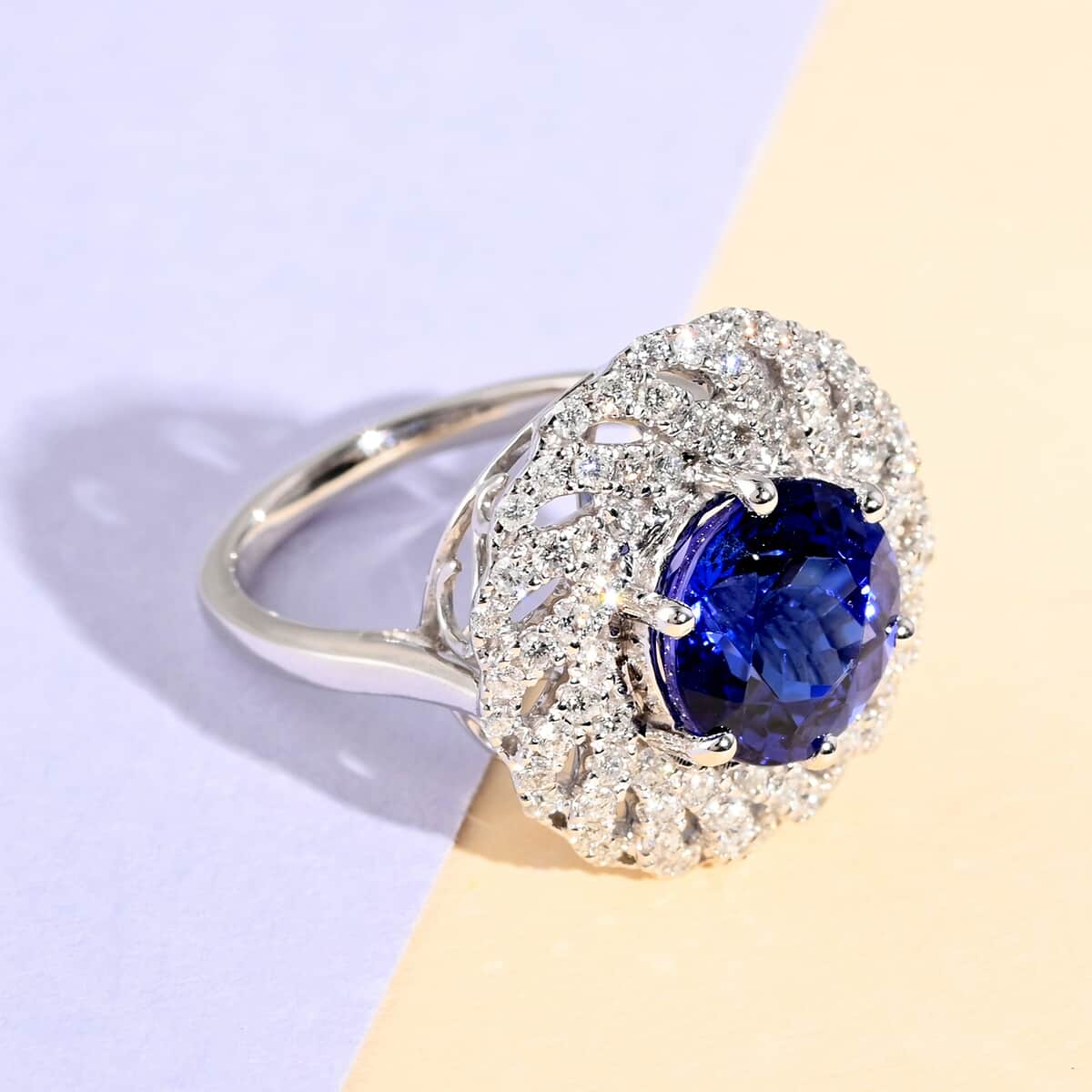 Certified RHAPSODY 950 Platinum AAAA Tanzanite and E-F VS Diamond Ring (Size 10.0) 8.70 Grams 4.85 ctw image number 1