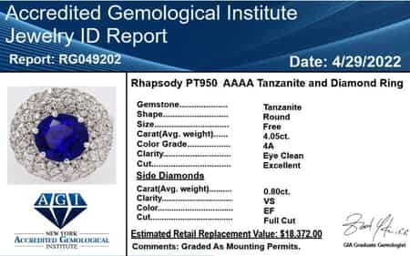 Certified RHAPSODY 950 Platinum AAAA Tanzanite and E-F VS Diamond Ring (Size 10.0) 8.70 Grams 4.85 ctw image number 6