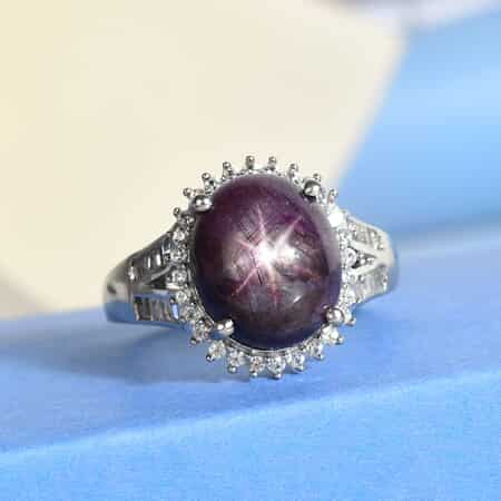 Indian Star Ruby and Natural White Zircon Halo Ring in Platinum Over Sterling Silver (Size 8.0) 8.85 ctw image number 1