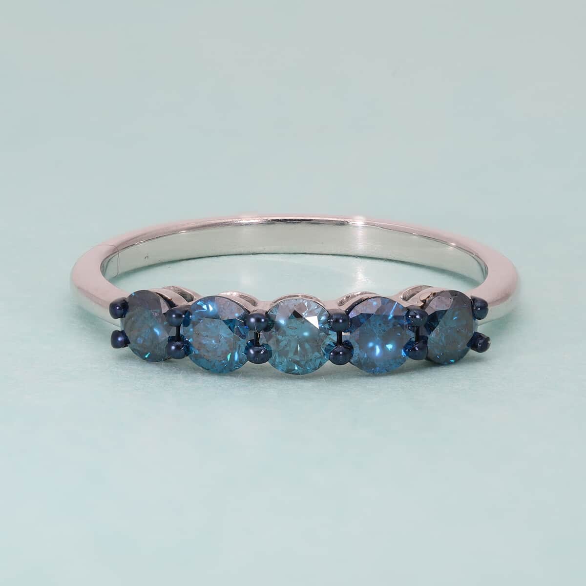 5 Blue Diamond Band Ring in Rhodium and Platinum Over Sterling Silver (Size 10.0) 1.00 ctw image number 1