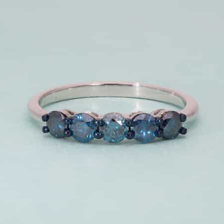 Blue Diamond Band Ring in Rhodium and Platinum Over Sterling Silver (Size 9.0) 1.00 ctw image number 1