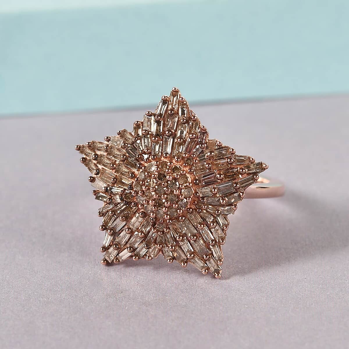 Natural Champagne Diamond Star Ring in Rhodium and Vermeil Rose Gold Over Sterling Silver 1.10 ctw image number 1