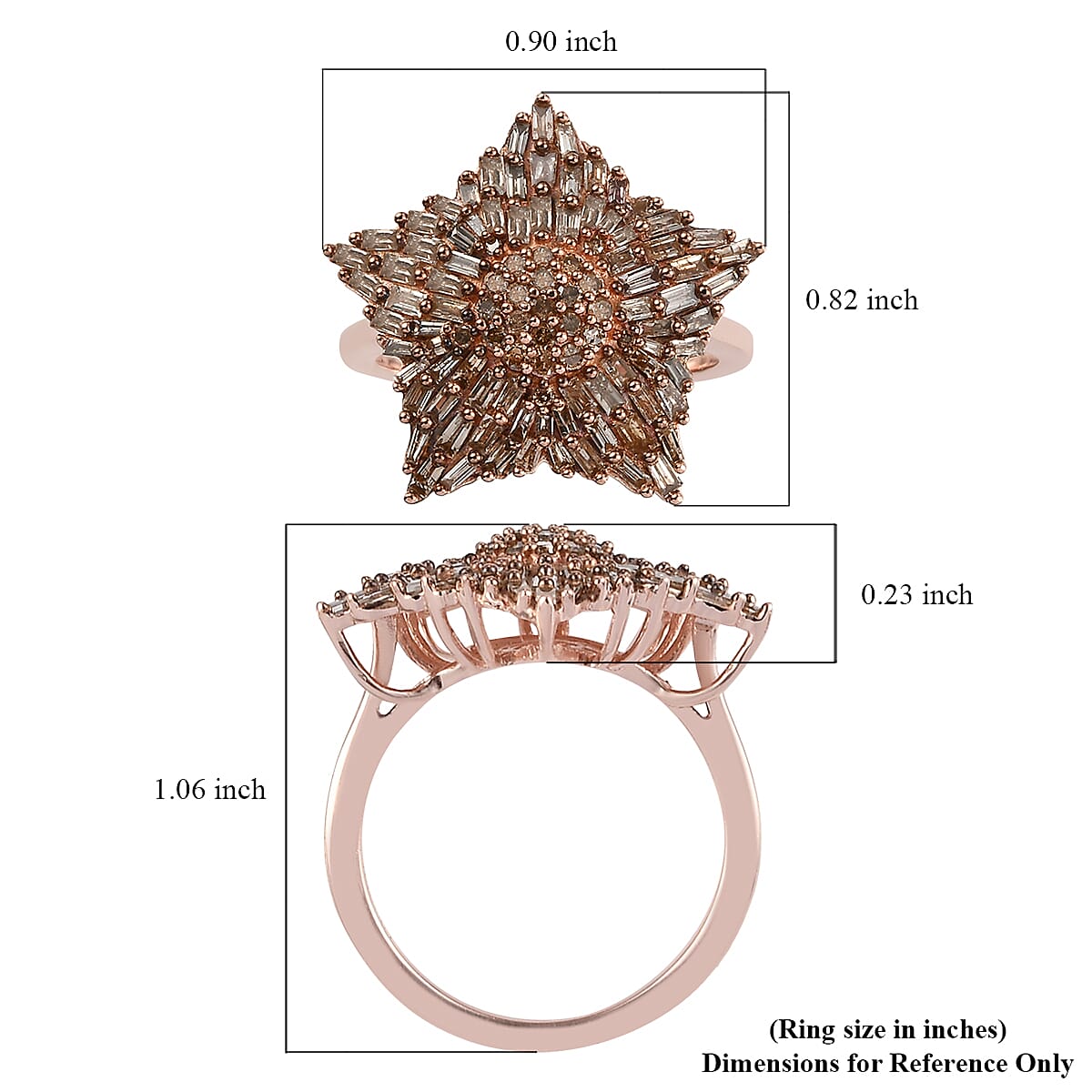 Natural Champagne Diamond Star Ring in Rhodium and Vermeil Rose Gold Over Sterling Silver (Size 10.0) 1.10 ctw