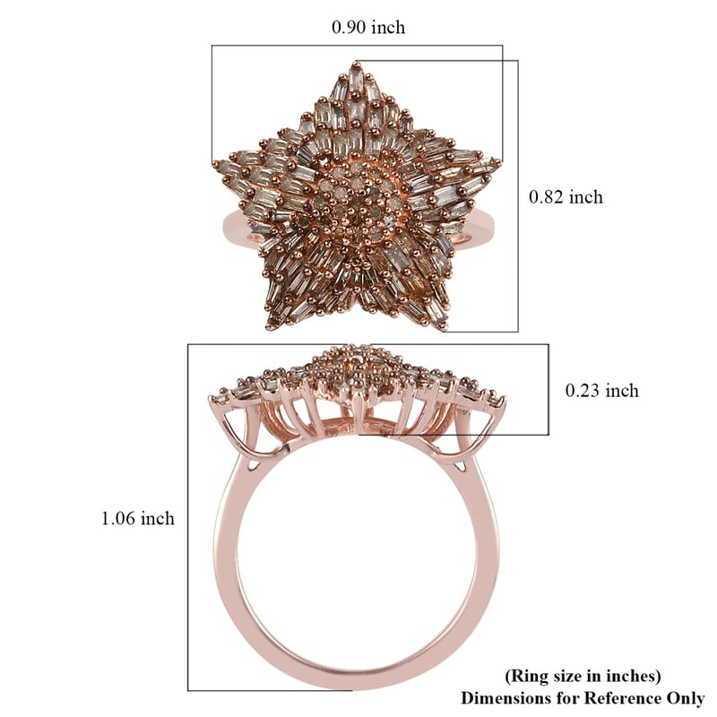 Natural Champagne Diamond Star Ring in Rhodium and Vermeil Rose Gold Over Sterling Silver (Size 10.0) 1.10 ctw