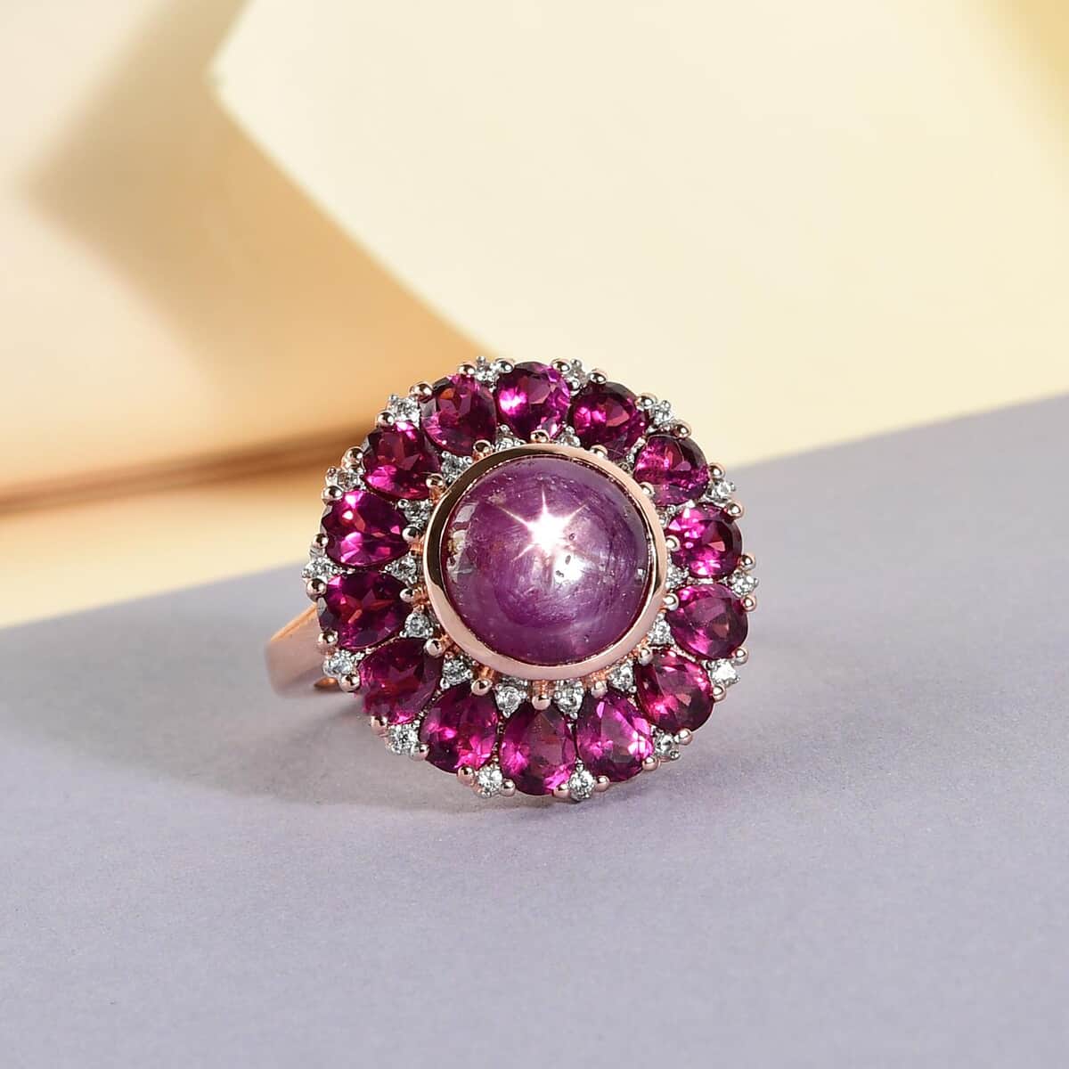 Indian Star Ruby, Orissa Rhodolite Garnet and Natural White Zircon Floral Ring in Vermeil Rose Gold Over Sterling Silver (Size 5.0) 8.60 ctw image number 1