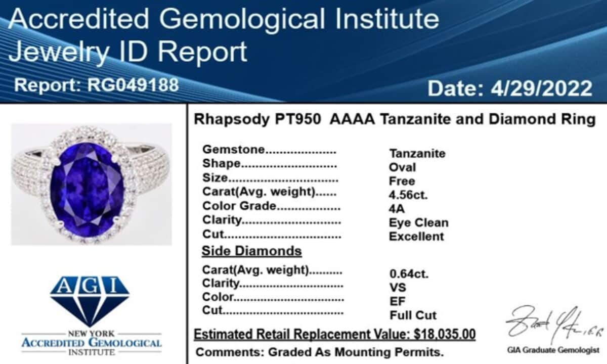 Certified Rhapsody 950 Platinum AAAA Tanzanite and E-F VS Diamond Ring (Size 7.0) 8 Grams 5.20 ctw image number 6