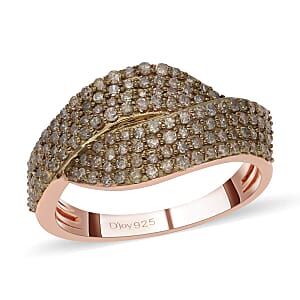 Natural Champagne Diamond Ring in Rhodium & Vermeil Rose Gold Over Sterling Silver (Size 7.0) 1.00 