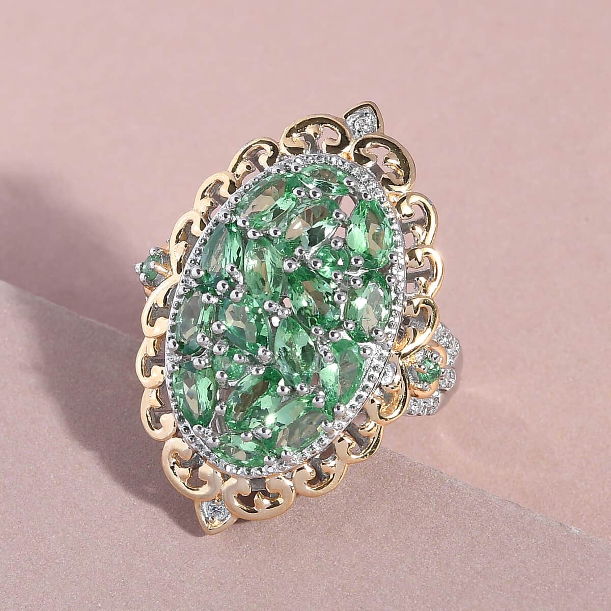 Natural Tsavorite Garnet and Natural White Zircon Cocktail Ring in Vermeil YG  and Platinum Over Sterling Silver (Size 5.0) 7.35 Grams 3.65 ctw image number 1