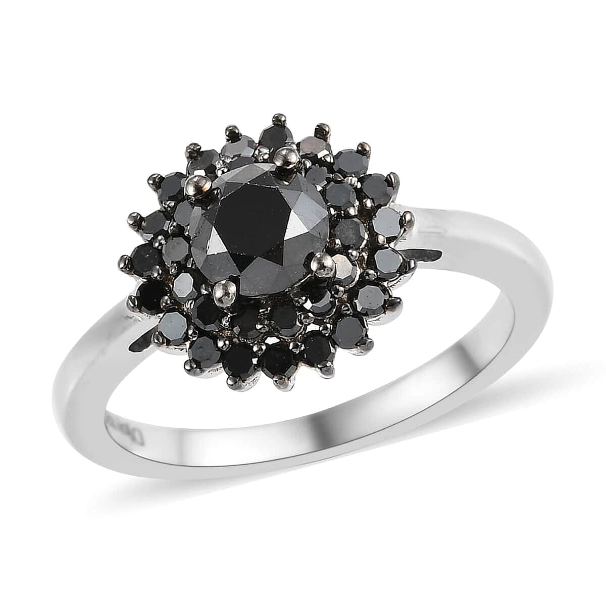 Black Diamond Halo Floral Ring in Platinum Over Sterling Silver (Size 6.0) 1.00 ctw