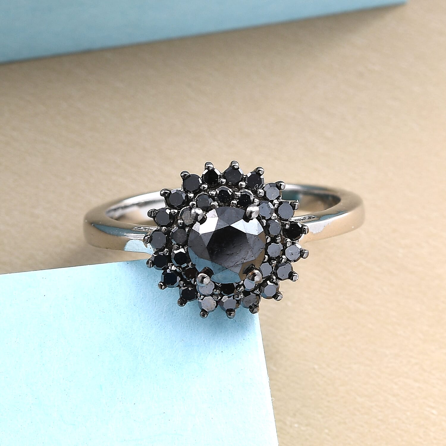 Black Diamond Halo Floral Ring in Platinum Over Sterling Silver (Size 6.0) 1.00 ctw