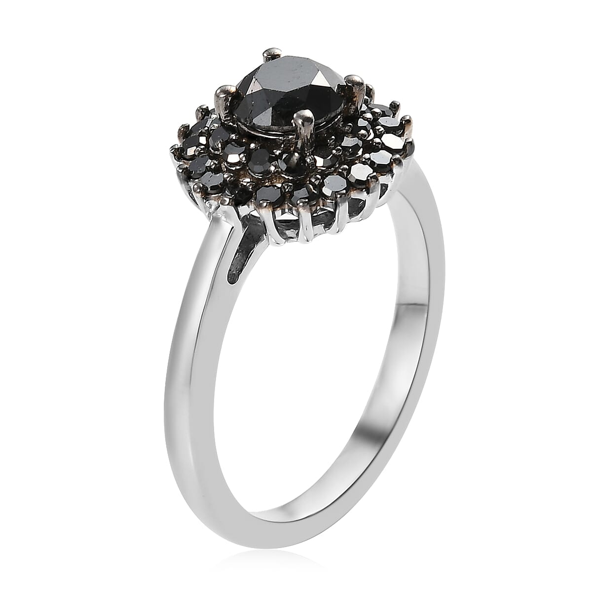Black Diamond Halo Floral Ring in Platinum Over Sterling Silver (Size 6.0) 1.00 ctw