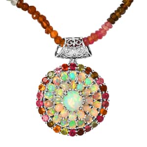 Premium Ethiopian Welo Opal and Multi-Tourmaline Cluster Pendant with Beaded Necklace 18 Inches in Platinum Over Sterling Silver 7.30 Grams 71.75 ctw