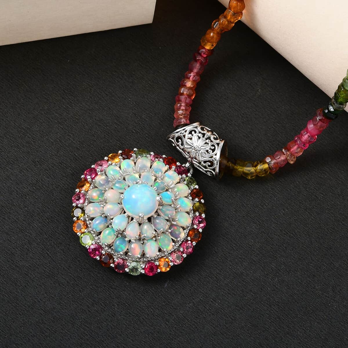 Premium Ethiopian Welo Opal Necklace , Platinum Over Sterling Silver Necklace , Opal Cocktail Pendant, Multi Tourmaline Bead Necklace , 20 Inch Necklace 67.30 ctw image number 1
