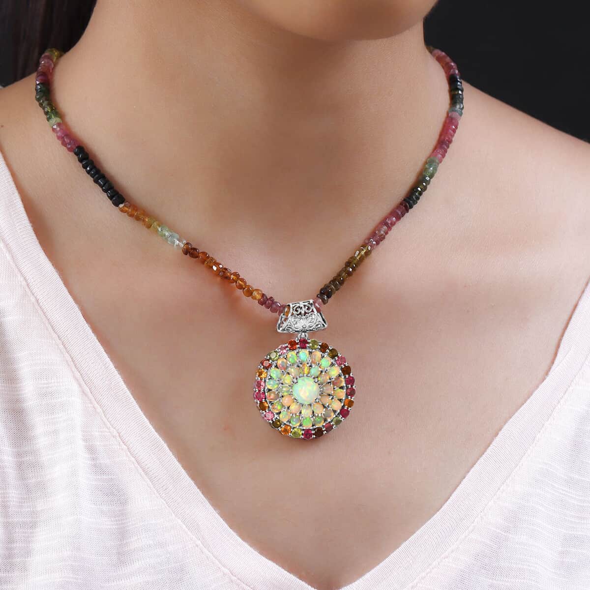 Premium Ethiopian Welo Opal Necklace , Platinum Over Sterling Silver Necklace , Opal Cocktail Pendant, Multi Tourmaline Bead Necklace , 20 Inch Necklace 67.30 ctw image number 2