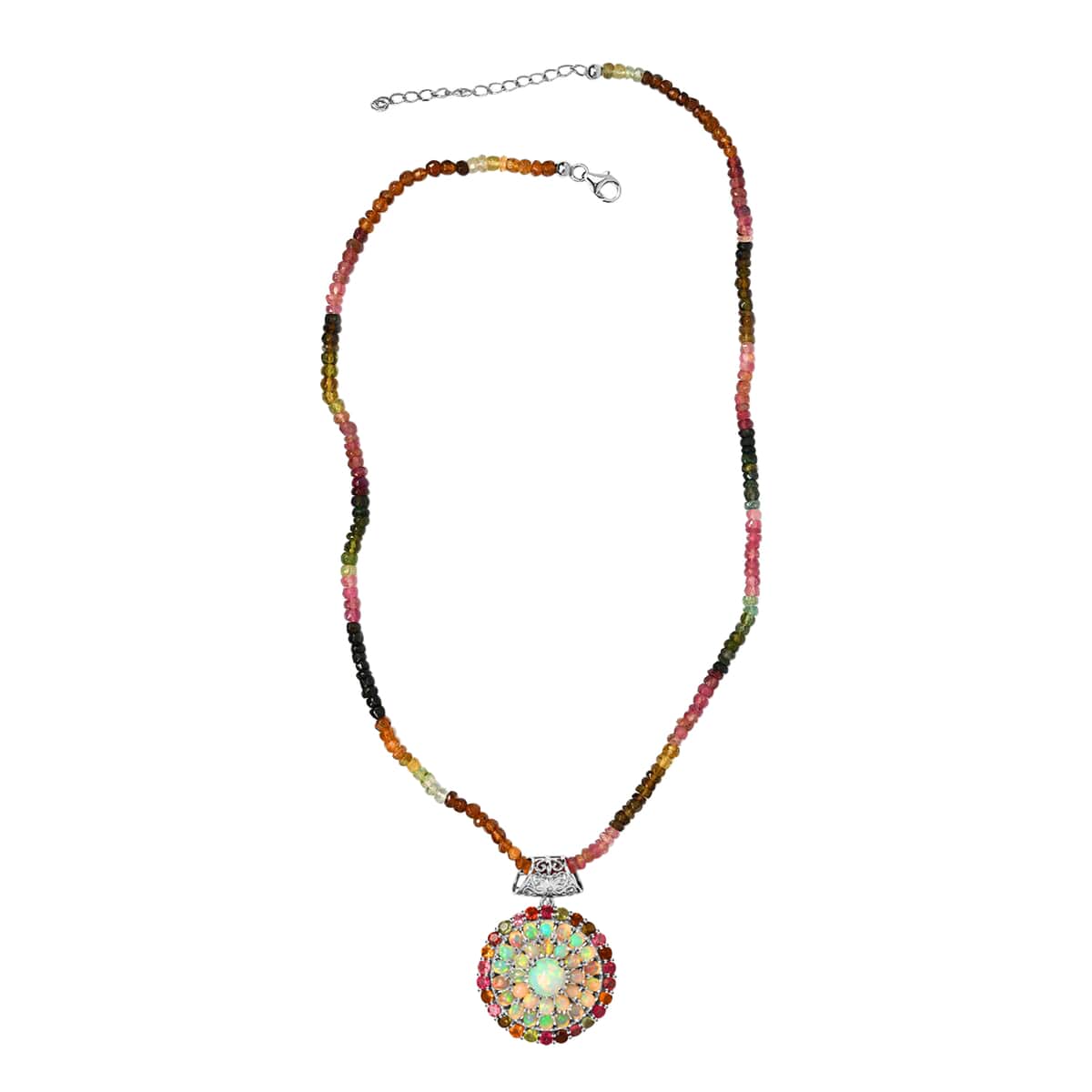 Premium Ethiopian Welo Opal Necklace , Platinum Over Sterling Silver Necklace , Opal Cocktail Pendant, Multi Tourmaline Bead Necklace , 20 Inch Necklace 67.30 ctw image number 3