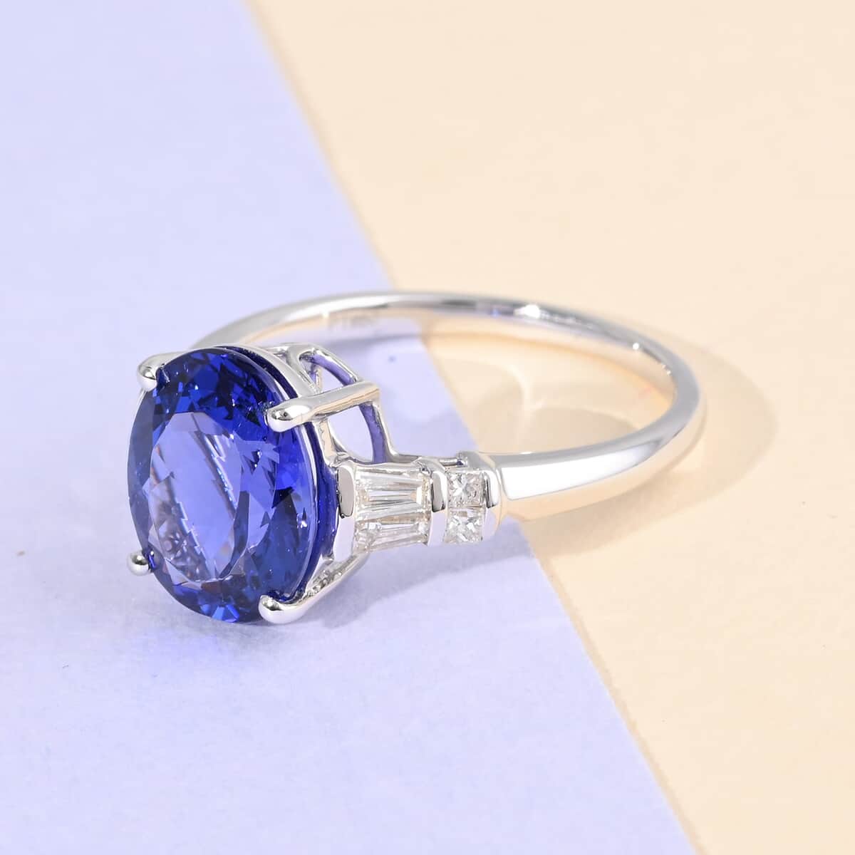 Certified and Appraised RHAPSODY 950 Platinum AAAA Tanzanite and E-F VS Diamond Ring 6.35 Grams 5.05 ctw image number 1