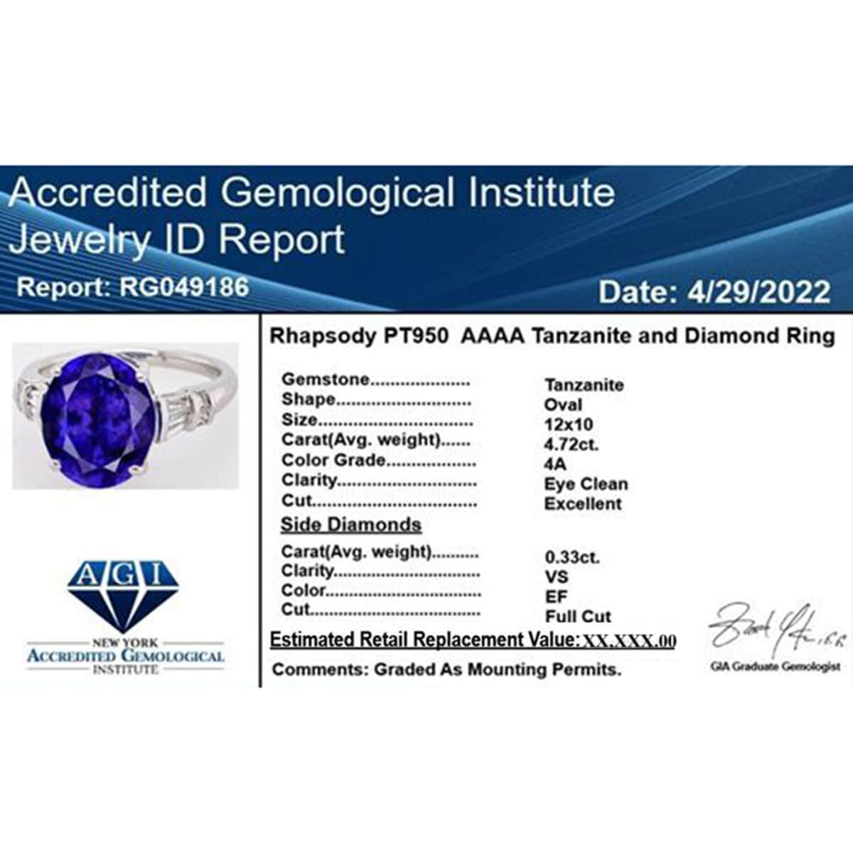 Certified and Appraised RHAPSODY 950 Platinum AAAA Tanzanite and E-F VS Diamond Ring 6.35 Grams 5.05 ctw image number 6