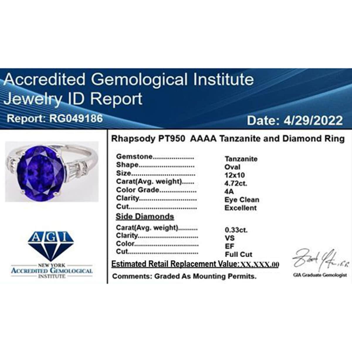 Certified and Appraised Rhapsody 950 Platinum AAAA Tanzanite and E-F VS Diamond Ring (Size 9.0) 6.35 Grams 5.05 ctw image number 6