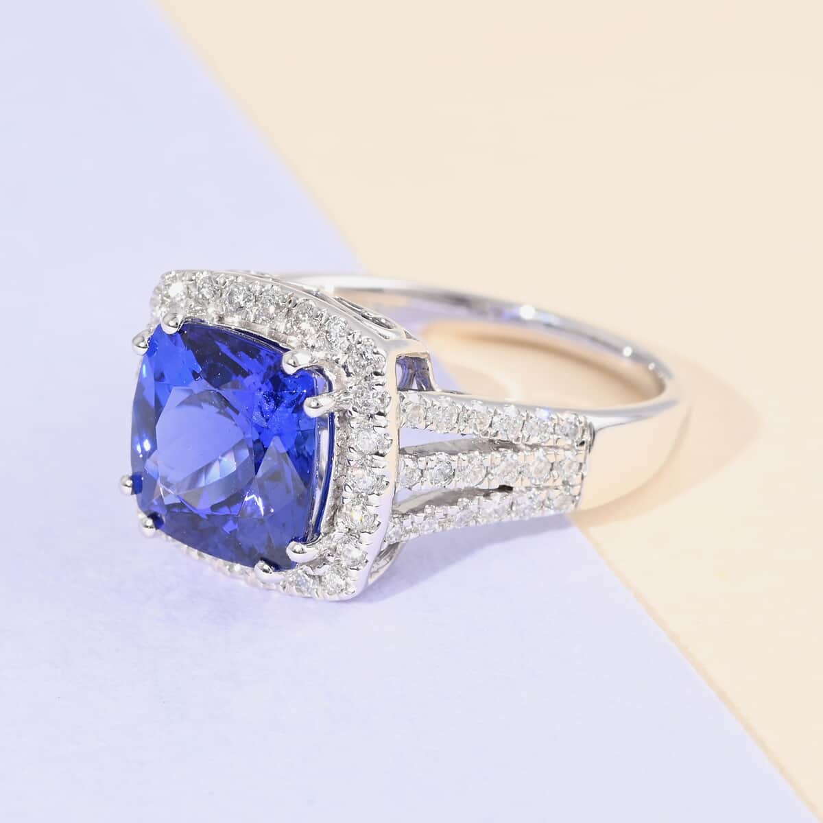 Certified RHAPSODY 950 Platinum AAAA Tanzanite and E-F VS Diamond Ring (Size 10.0) 8.50 Grams 5.20 ctw image number 1