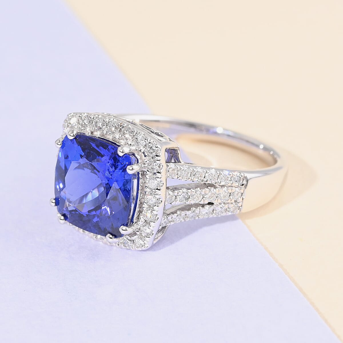 Certified & Appraised RHAPSODY 950 Platinum AAAA Tanzanite and E-F VS Diamond Ring (Size 7.0) 8.50 Grams 5.20 ctw image number 1