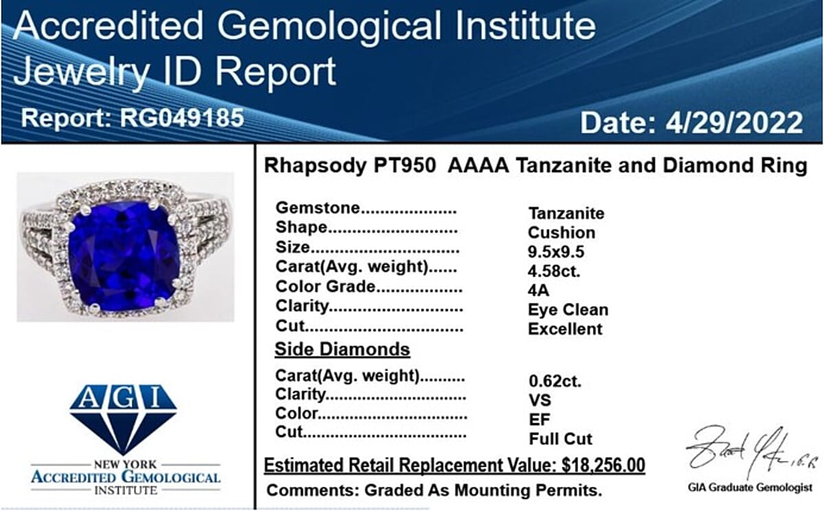 Certified & Appraised RHAPSODY 950 Platinum AAAA Tanzanite and E-F VS Diamond Ring (Size 7.0) 8.50 Grams 5.20 ctw image number 6