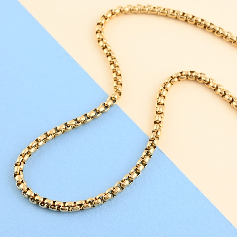 3.5mm Box Necklace (24 Inches) in ION Plated YG Stainless Steel (21 g) , Tarnish-Free, Waterproof, Sweat Proof Jewelry