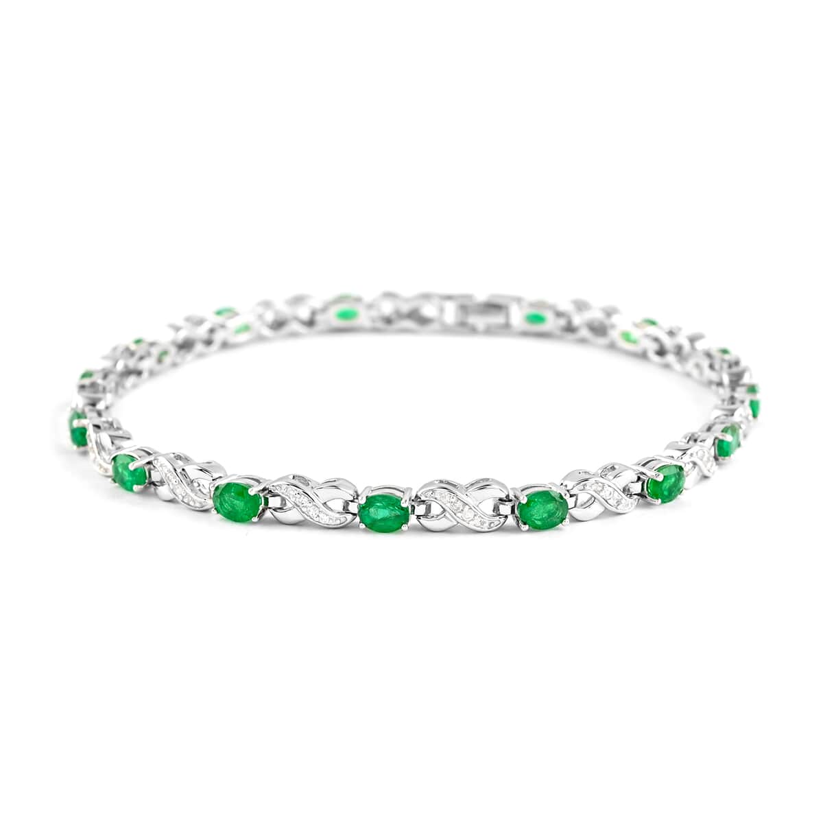 AAA Kagem Zambian Intense Green Emerald and Natural White Zircon Infinity Link Tennis Bracelet in Rhodium Over Sterling Silver (7.00 In) 2.75 ctw image number 0