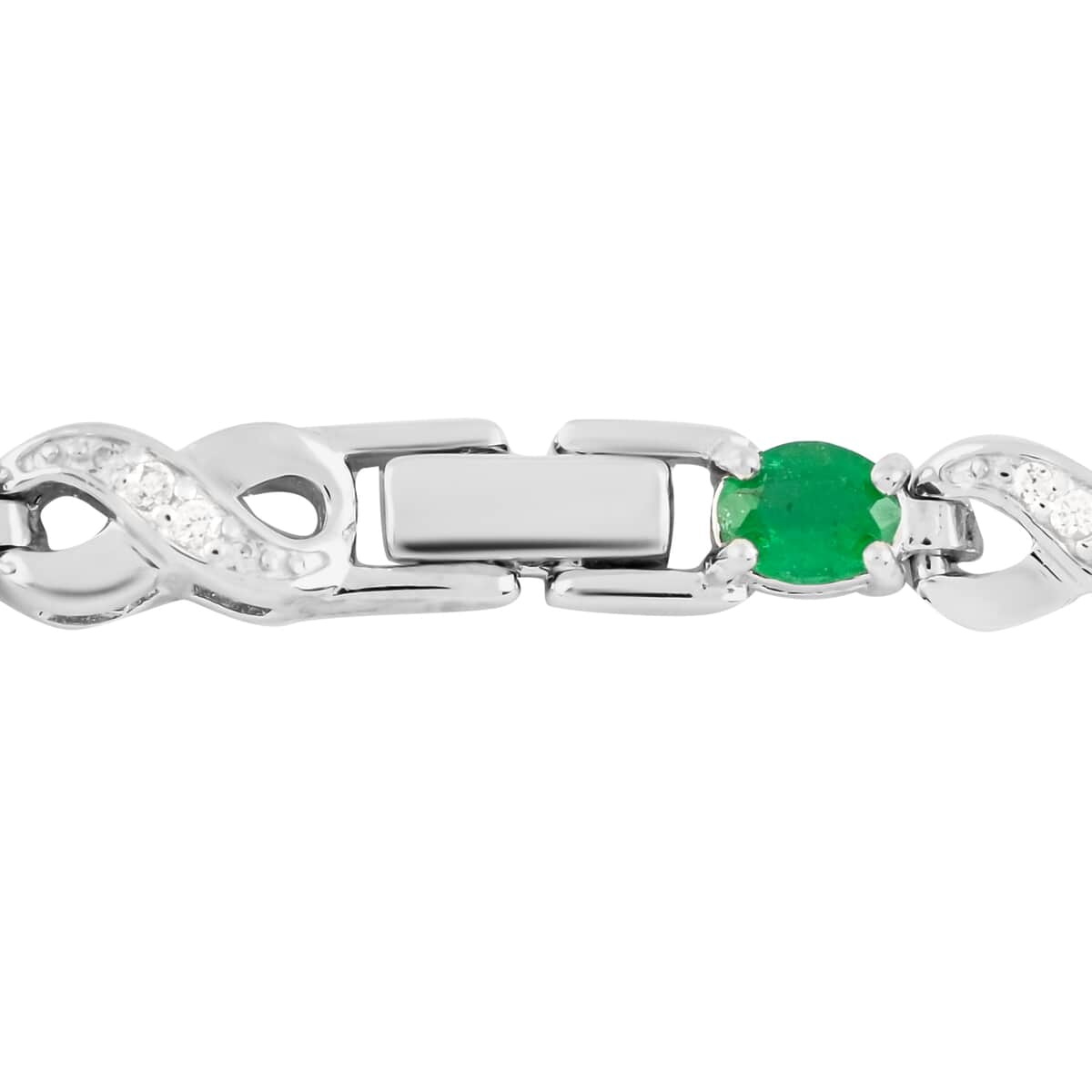AAA Kagem Zambian Intense Green Emerald and Natural White Zircon Infinity Link Tennis Bracelet in Rhodium Over Sterling Silver (7.00 In) 2.75 ctw image number 2