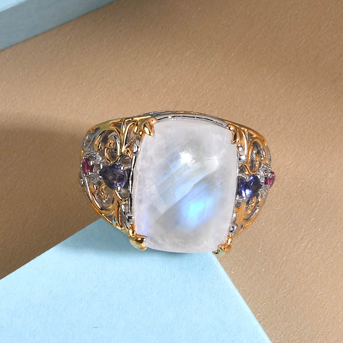 Kuisa Rainbow Moonstone and Multi Gemstone Ring in Vermeil Yellow Gold and Platinum Over Sterling Silver (Size 10.0) 12.50 ctw image number 1