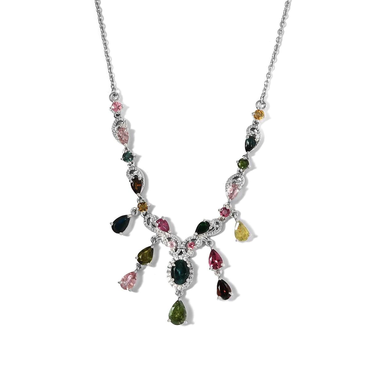 Multi-Tourmaline and Natural White Zircon Necklace 18 Inches in Platinum Over Sterling Silver 5.75 ctw image number 0