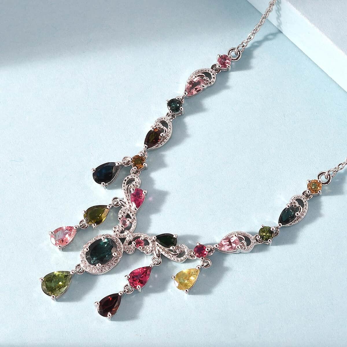 Multi-Tourmaline and Natural White Zircon Necklace 18 Inches in Platinum Over Sterling Silver 5.75 ctw image number 1