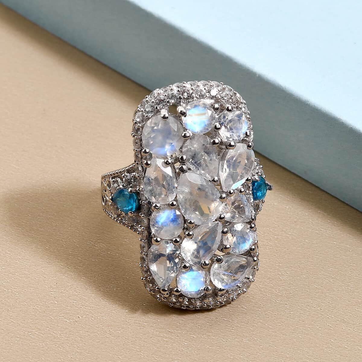Kuisa Rainbow Moonstone and Multi Gemstone Cluster Ring in Platinum Over Sterling Silver (Size 5.0) 6.85 ctw image number 1
