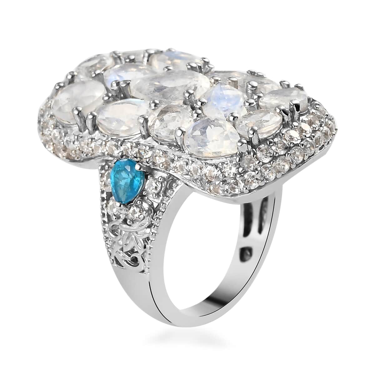 Kuisa Rainbow Moonstone and Multi Gemstone Cluster Ring in Platinum Over Sterling Silver (Size 5.0) 6.85 ctw image number 3