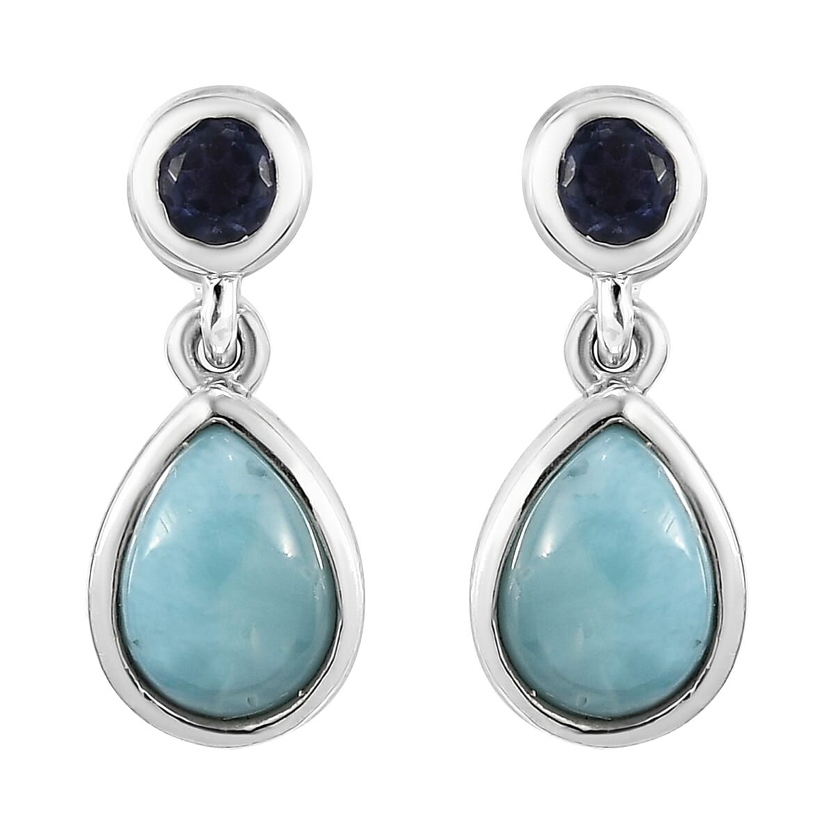 Larimar and Catalina Iolite Dangling Earrings in Platinum Over Sterling Silver 1.90 ctw