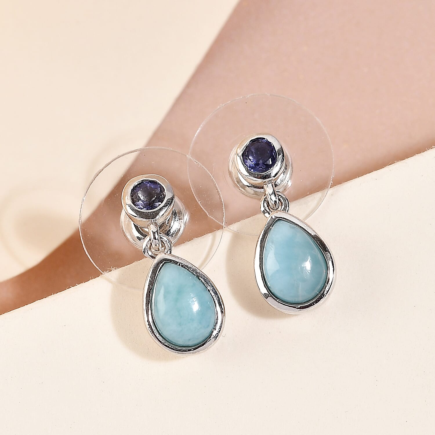 Larimar and Catalina Iolite Dangling Earrings in Platinum Over Sterling Silver 1.90 ctw