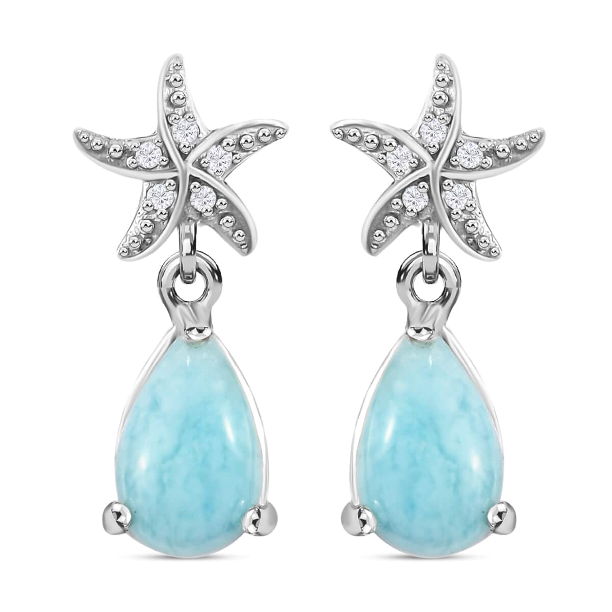 Larimar Dangle Drop Earrings, Natural White Zircon Dangle Earrings, Starfish Earrings For Women 2.10 ctw image number 0