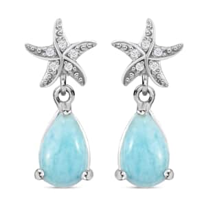 Larimar Dangle Drop Earrings, Natural White Zircon Dangle Earrings, Starfish Earrings For Women 2.10 ctw