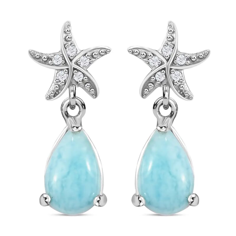 Larimar and White Zircon 2.10 ctw Dangle Drop Earrings, White Zircon Dangle Earrings, Starfish Earrings For Women