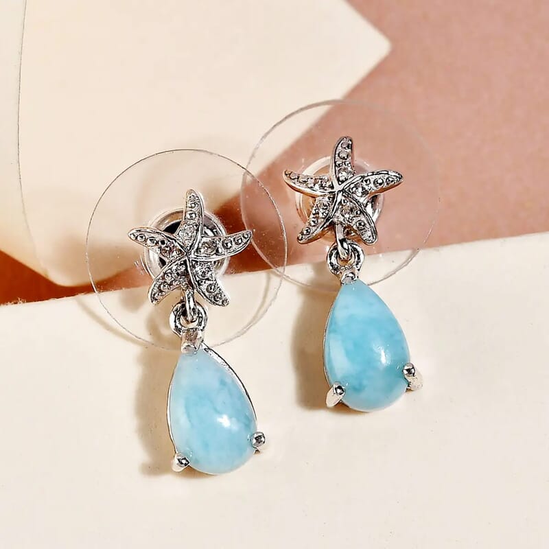 Larimar and White Zircon 2.10 ctw Dangle Drop Earrings, White Zircon Dangle Earrings, Starfish Earrings For Women